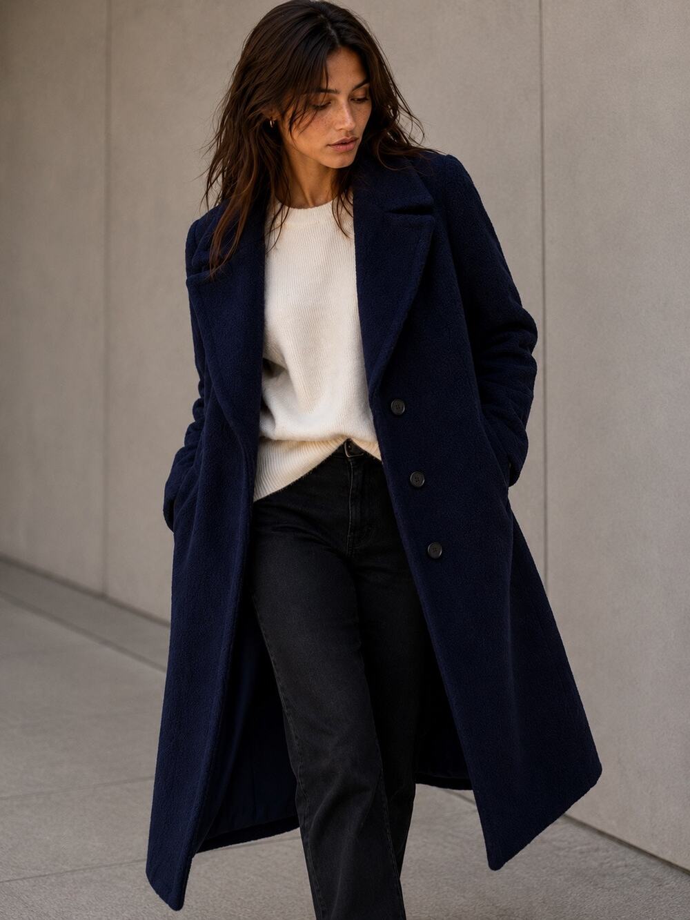 Ivy & Oak Classic Long Wool Coat Navy Minimalist Tailored EU 34 US 2 Minimalist